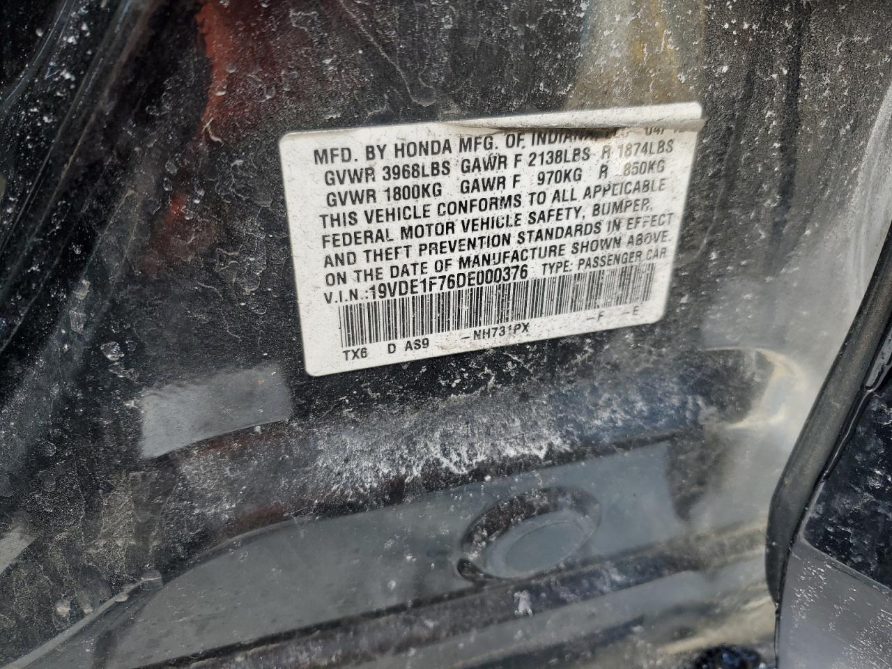 2013 Acura ILX VIN 19VDE1F76DE000376 Copart auction photo, rollover damage thumbnail 13