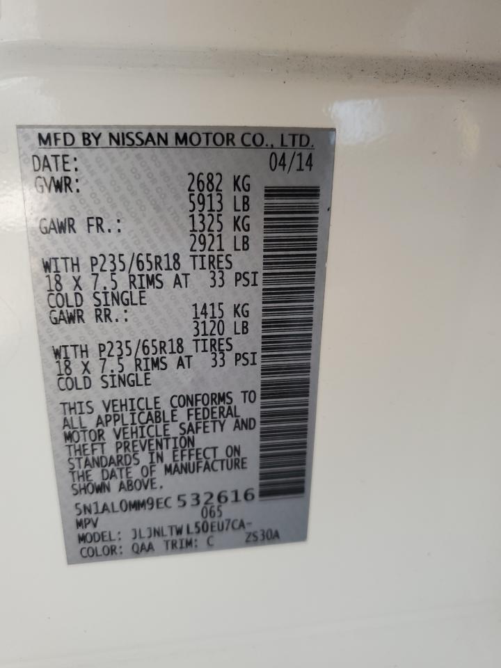 2014 Infiniti QX60 VIN 5N1AL0MM9EC532616 Copart auction photo, side damage thumbnail 13