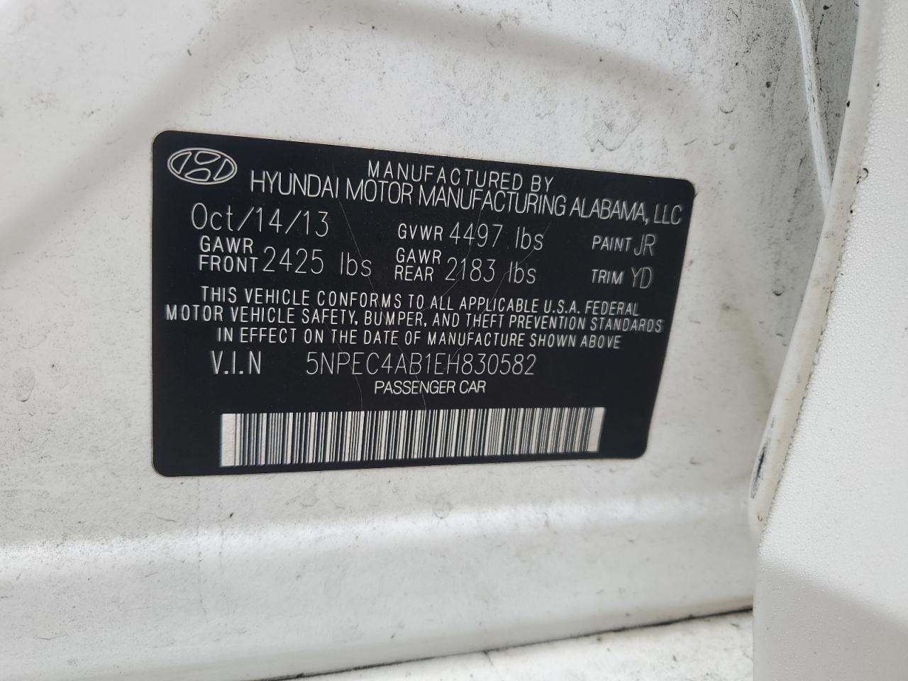 2014 Hyundai Sonata VIN 5NPEC4AB1EH830582 Copart auction photo, rear end / side damage thumbnail 15