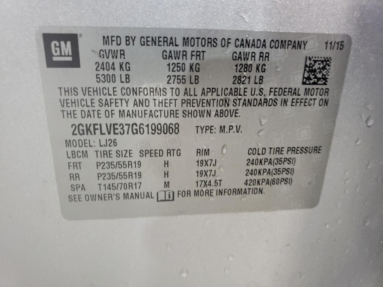 2016 GMC Terrain VIN 2GKFLVE37G6199068 Copart auction photo, rear end damage thumbnail 15