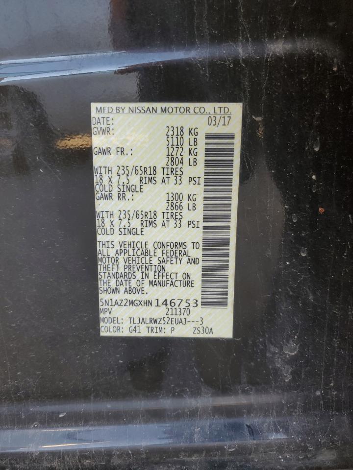 2017 Nissan Murano VIN 5N1AZ2MGXHN146753 Copart auction photo, front end damage thumbnail 14
