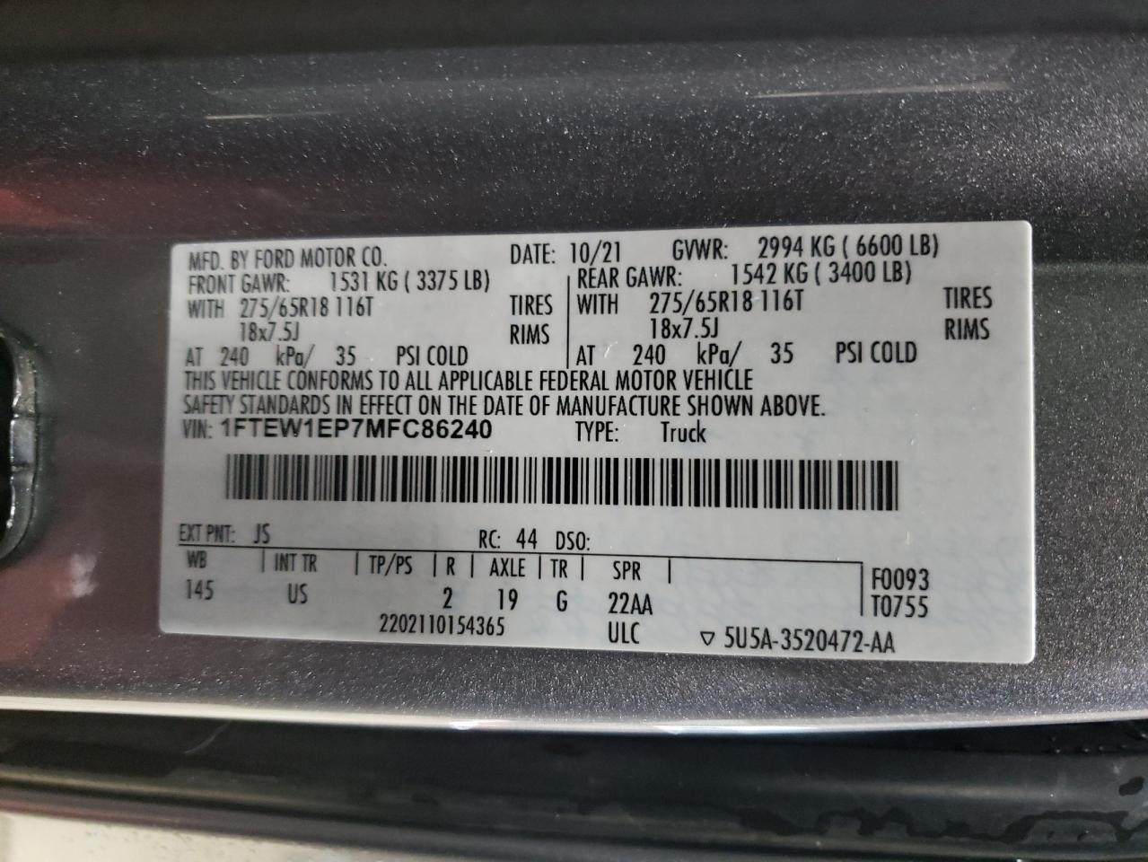 2021 Ford F-150 VIN 1FTEW1EP7MFC86240 Copart auction photo, front end damage thumbnail 14