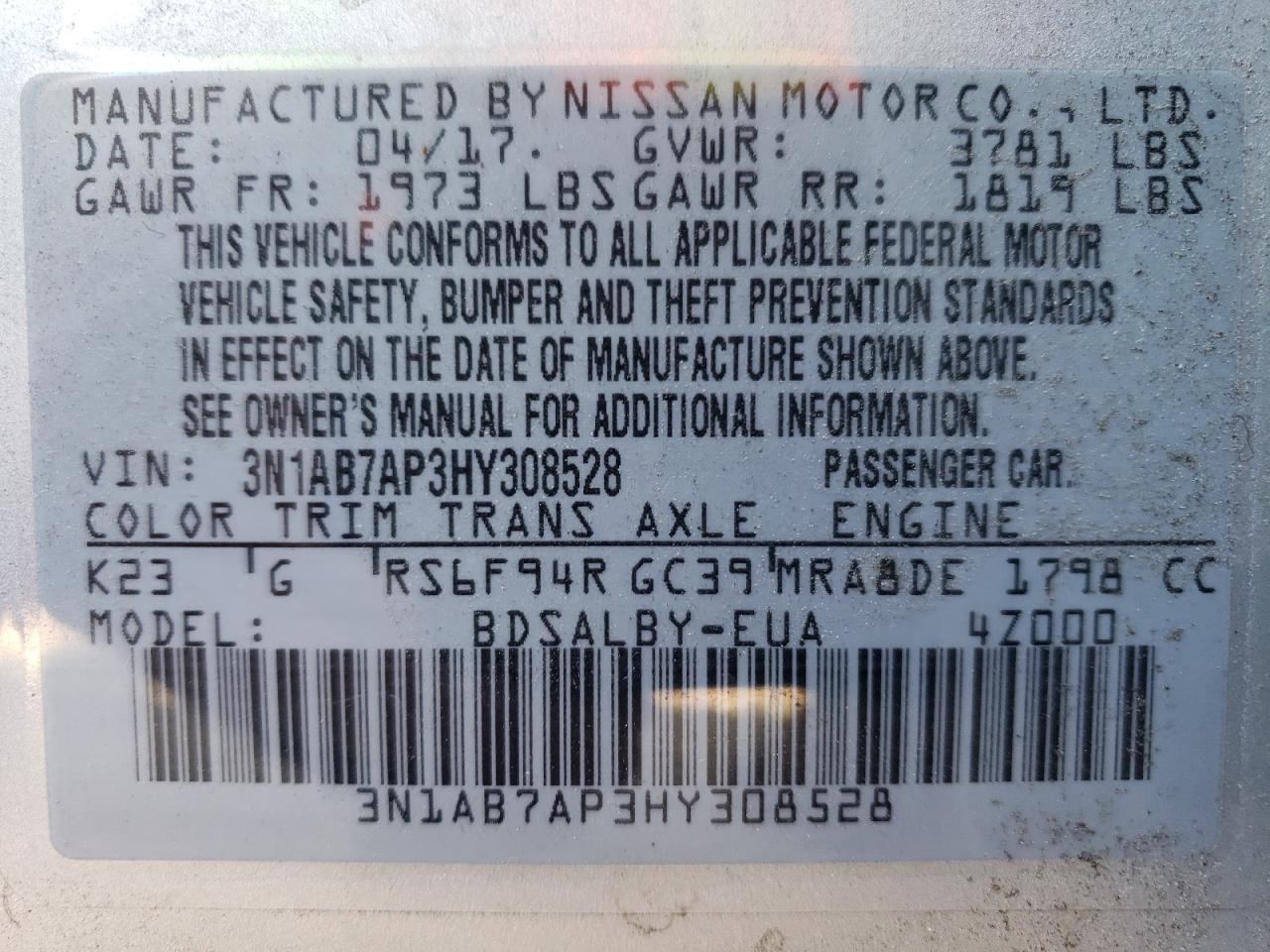 2017 Nissan Sentra VIN 3N1AB7AP3HY308528 Copart auction photo, front end / minor dent/scratches damage thumbnail 13