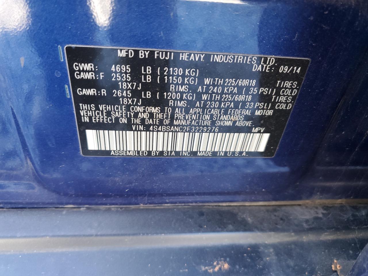 2015 Subaru Outback VIN 4S4BSANC2F3229276 Copart auction photo, rear end damage thumbnail 16