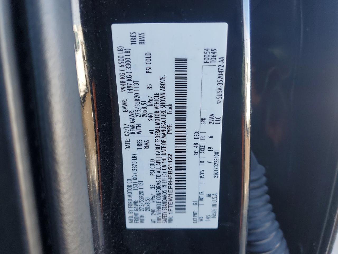2017 Ford F-150 VIN 1FTEW1EP9HFB51122 Copart auction photo, front end / side damage thumbnail 14