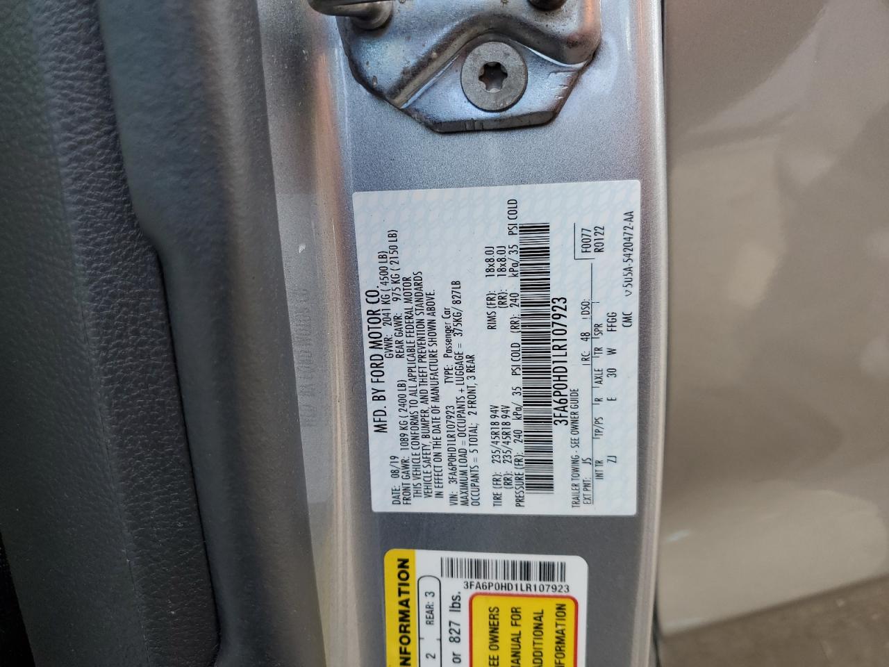 2020 Ford Fusion VIN 3FA6P0HD1LR107923 Copart auction photo, front end / rear end damage thumbnail 14