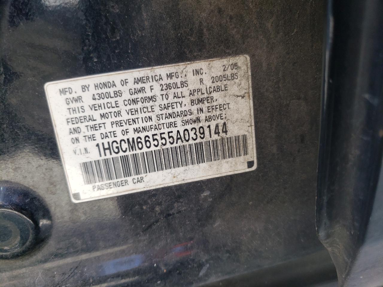 2005 Honda Accord VIN 1HGCM66555A039144 Copart auction photo, front end / side damage thumbnail 12