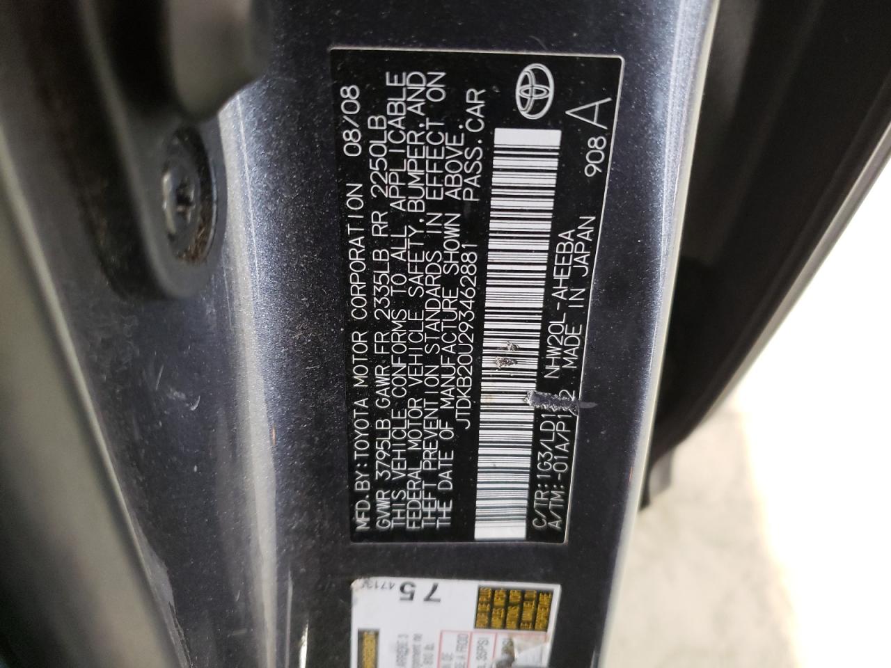 2009 Toyota Prius VIN JTDKB20U293462881 Copart auction photo, all over damage thumbnail 14