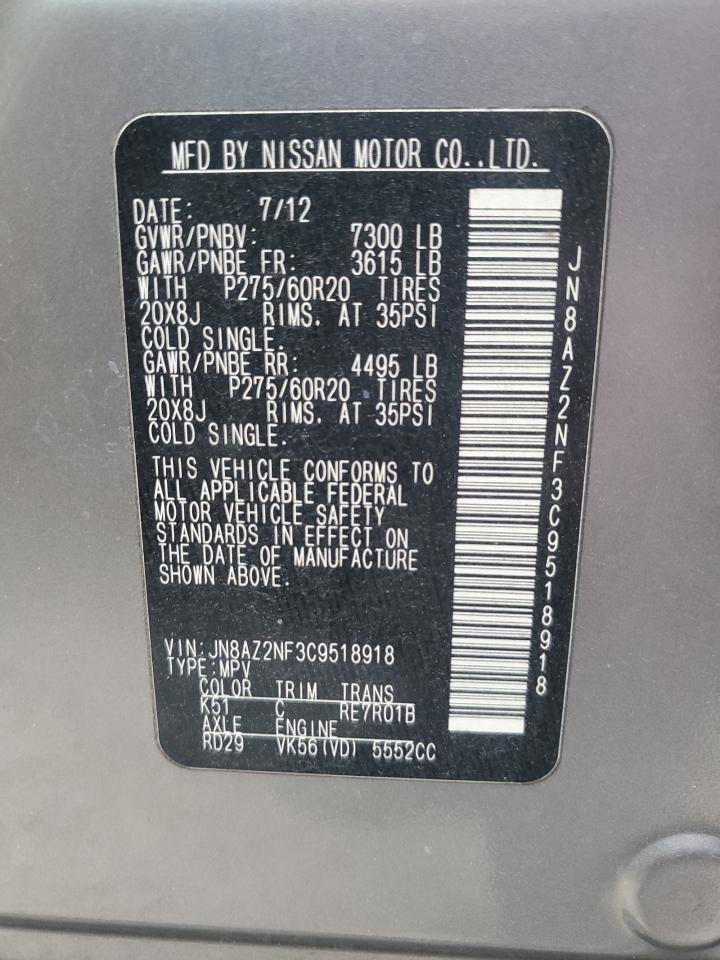 2012 Infiniti QX56 VIN JN8AZ2NF3C9518918 Copart auction photo, front end damage thumbnail 13