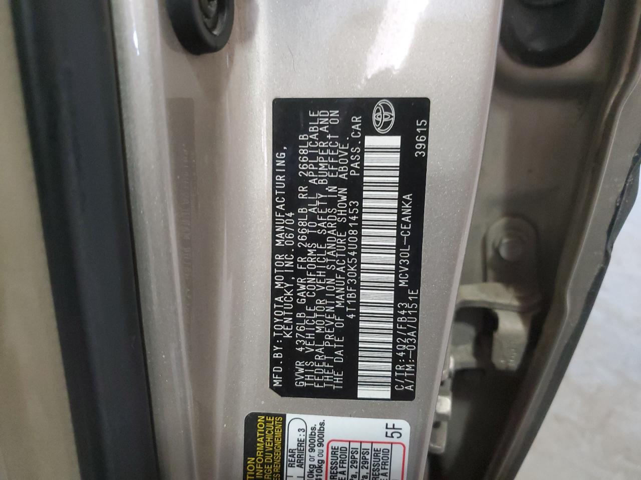 2004 Toyota Camry VIN 4T1BF30K54U081453 Copart auction photo, rear end damage thumbnail 13
