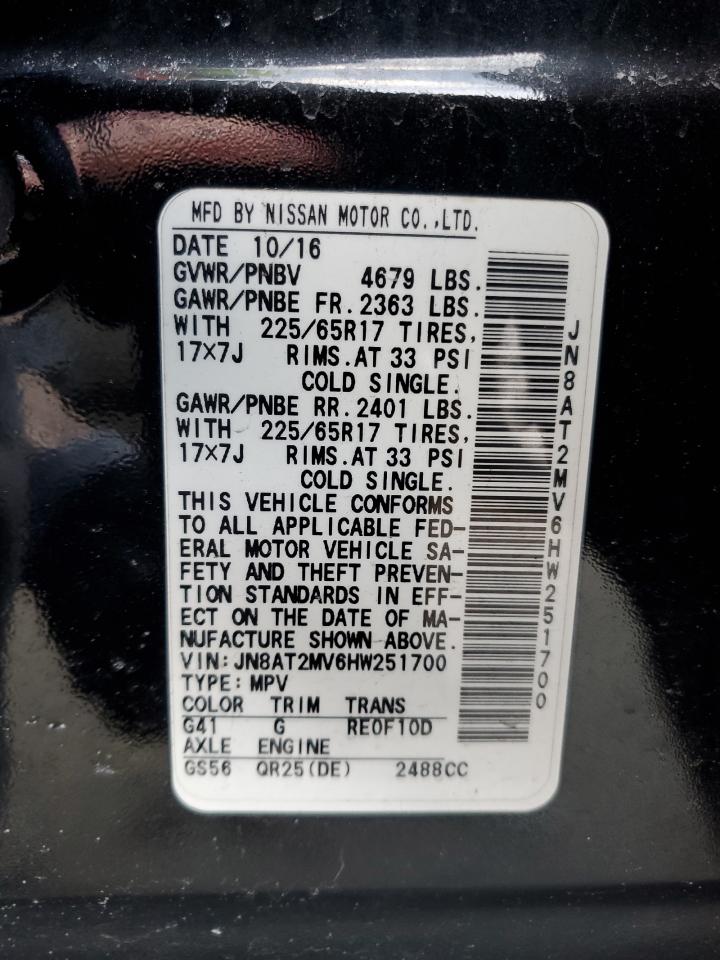 2017 Nissan Rogue VIN JN8AT2MV6HW251700 Copart auction photo, front end / minor dent/scratches damage thumbnail 13