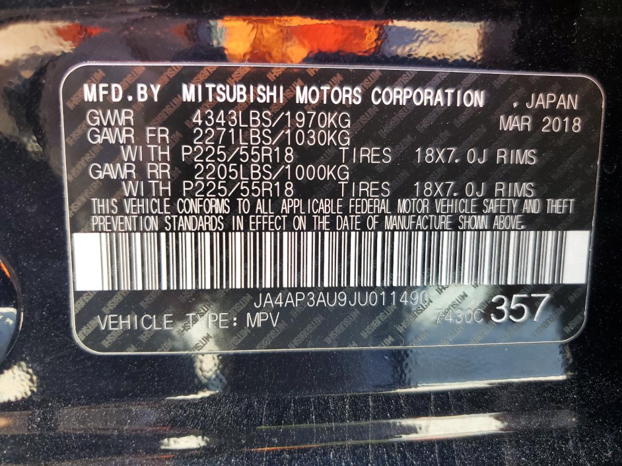 2018 Mitsubishi Outlander VIN JA4AP3AU9JU011490 Copart auction photo, front end / rear end damage thumbnail 13