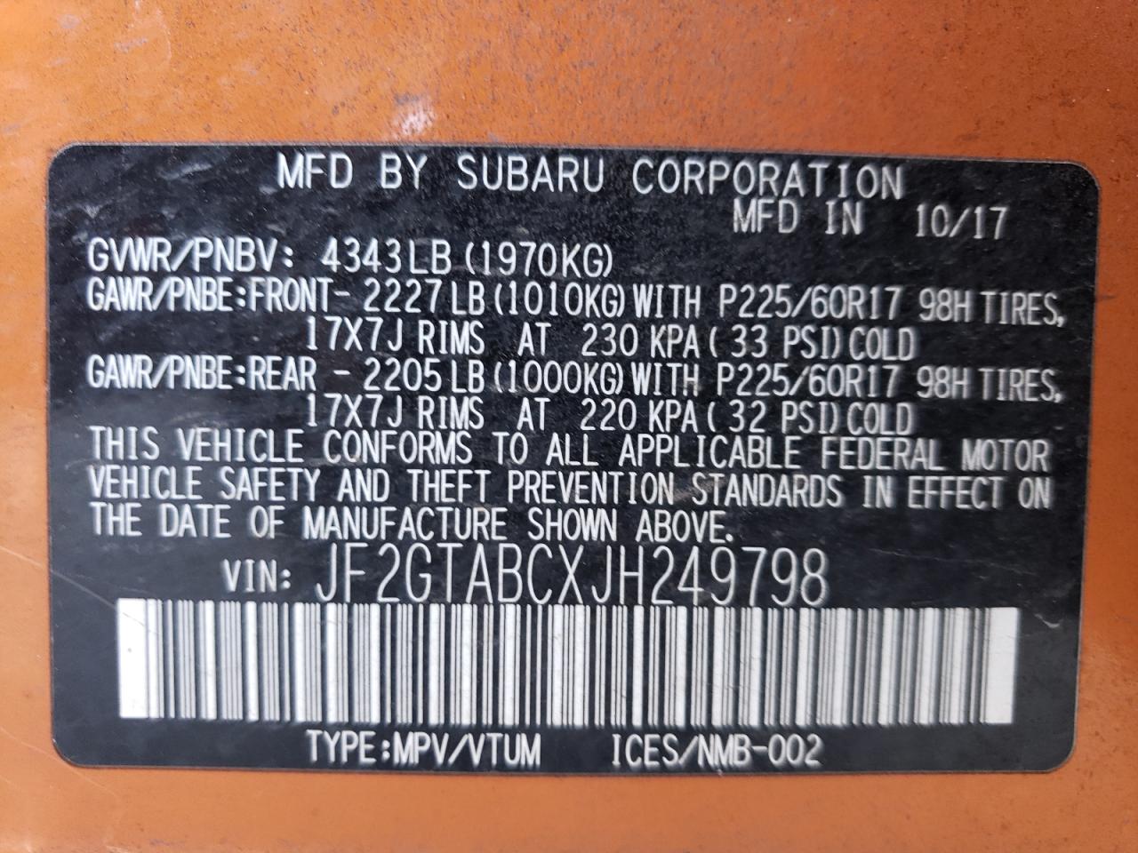 2018 Subaru XV VIN JF2GTABCXJH249798 Copart auction photo, rear end / minor dent/scratches damage thumbnail 12