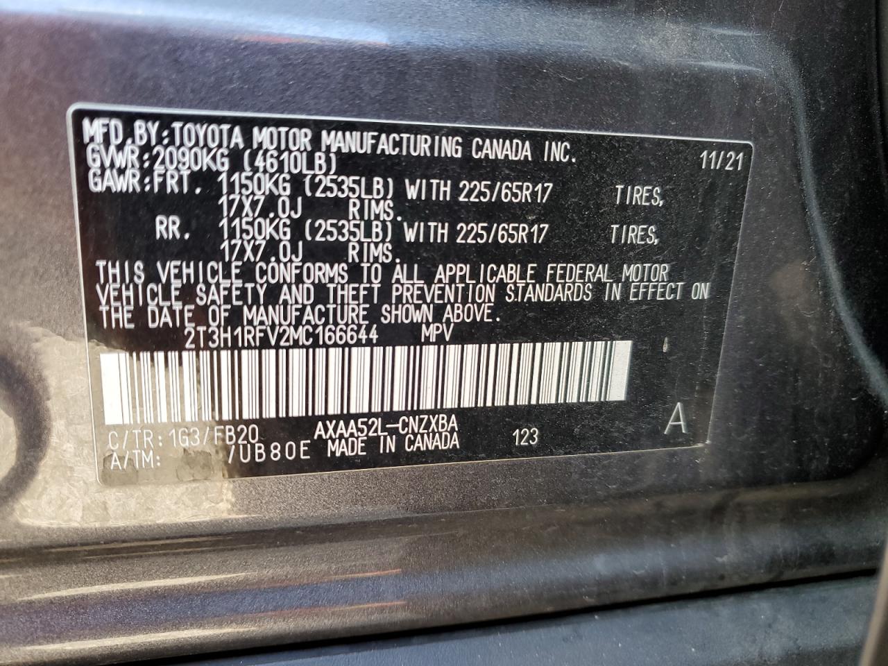 2021 Toyota RAV 4 VIN 2T3H1RFV2MC166644 Copart auction photo, rear end damage thumbnail 13