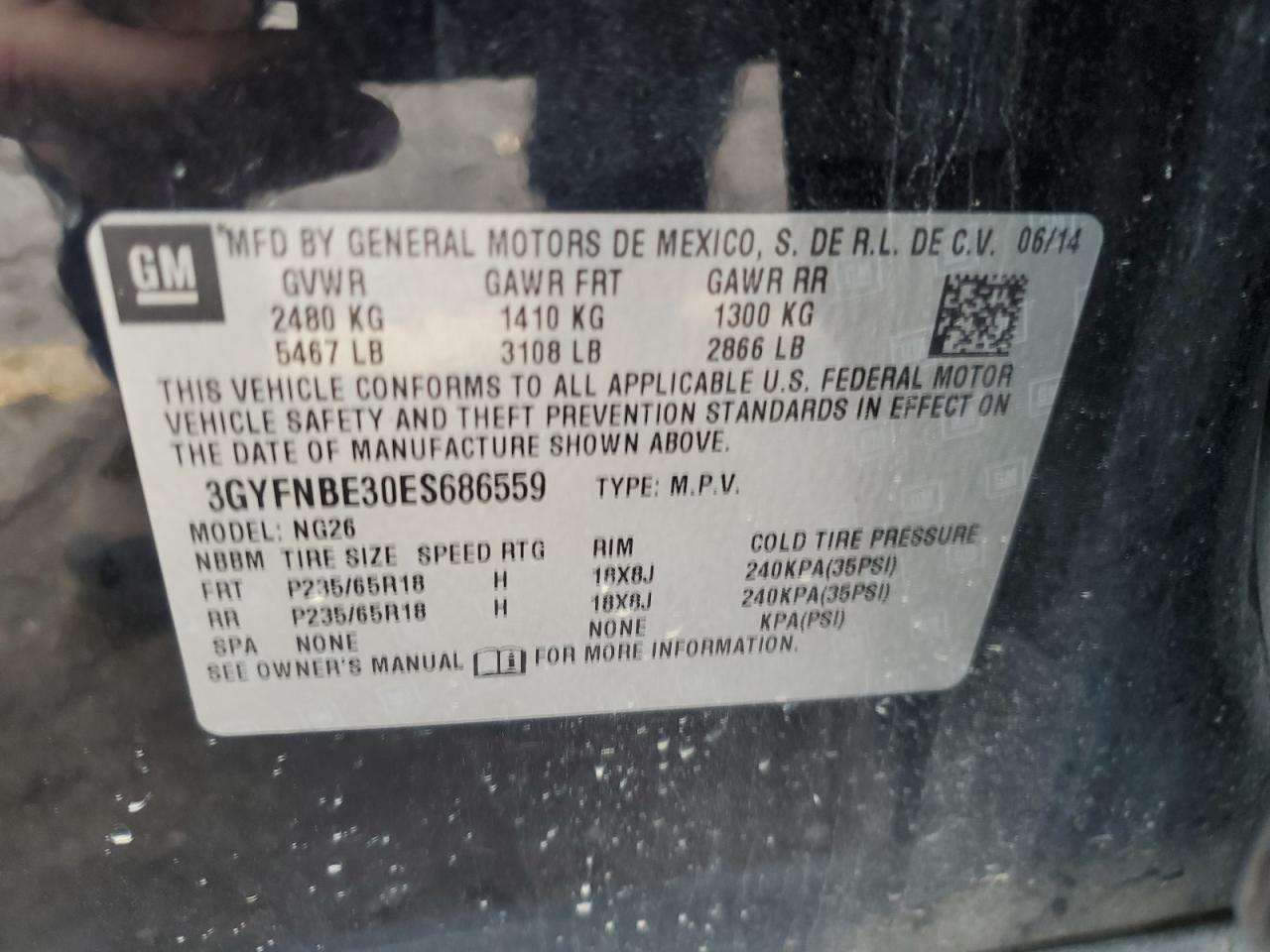 2014 Cadillac SRX VIN 3GYFNBE30ES686559 Copart auction photo, rear end damage thumbnail 14
