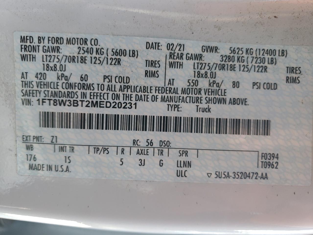 2021 Ford F350 VIN 1FT8W3BT2MED20231 Copart auction photo, front end / undercarriage damage thumbnail 12