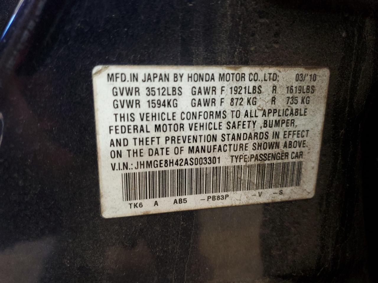 2010 Honda Fit VIN JHMGE8H42AS003301 Copart auction photo, front end damage thumbnail 12