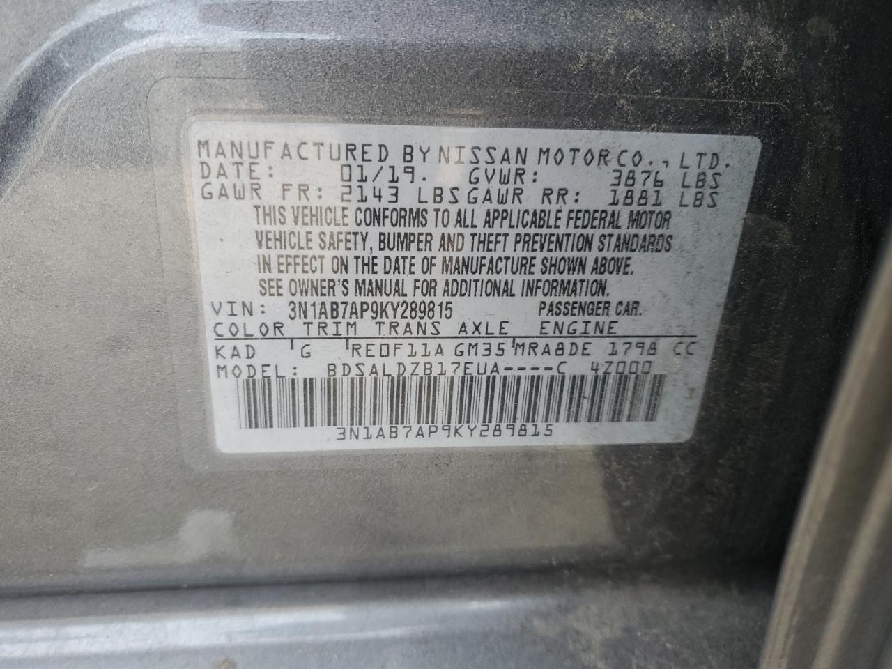 2019 Nissan Sentra VIN 3N1AB7AP9KY289815 Copart auction photo, rear end / minor dent/scratches damage thumbnail 12