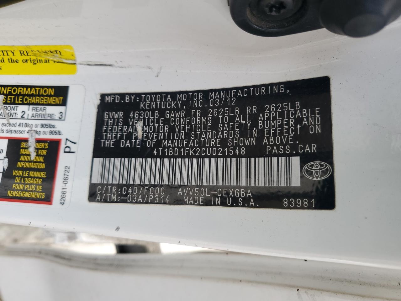 2012 Toyota Camry VIN 4T1BD1FK2CU021548 Copart auction photo, front end damage thumbnail 14