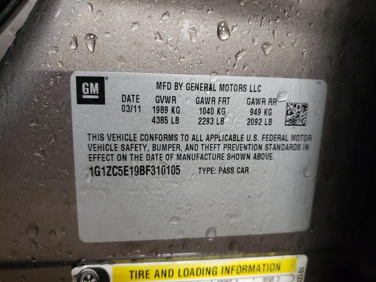 2011 Chevrolet Malibu VIN 1G1ZC5E19BF310105 Copart auction photo, front end damage thumbnail 12