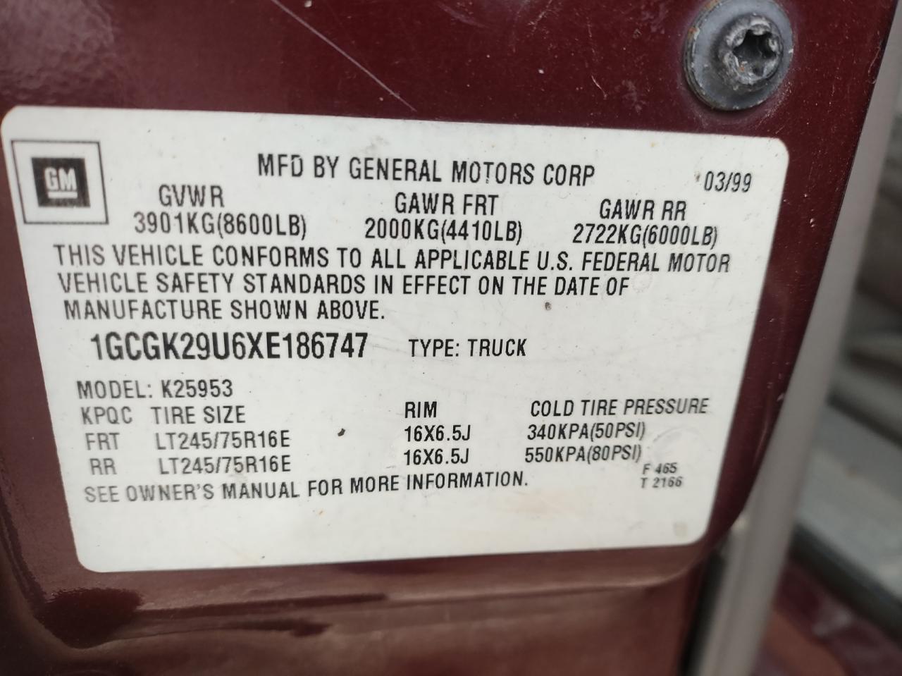 1999 Chevrolet Silverado VIN 1GCGK29U6XE186747 Copart auction photo, mechanical / normal wear damage thumbnail 10