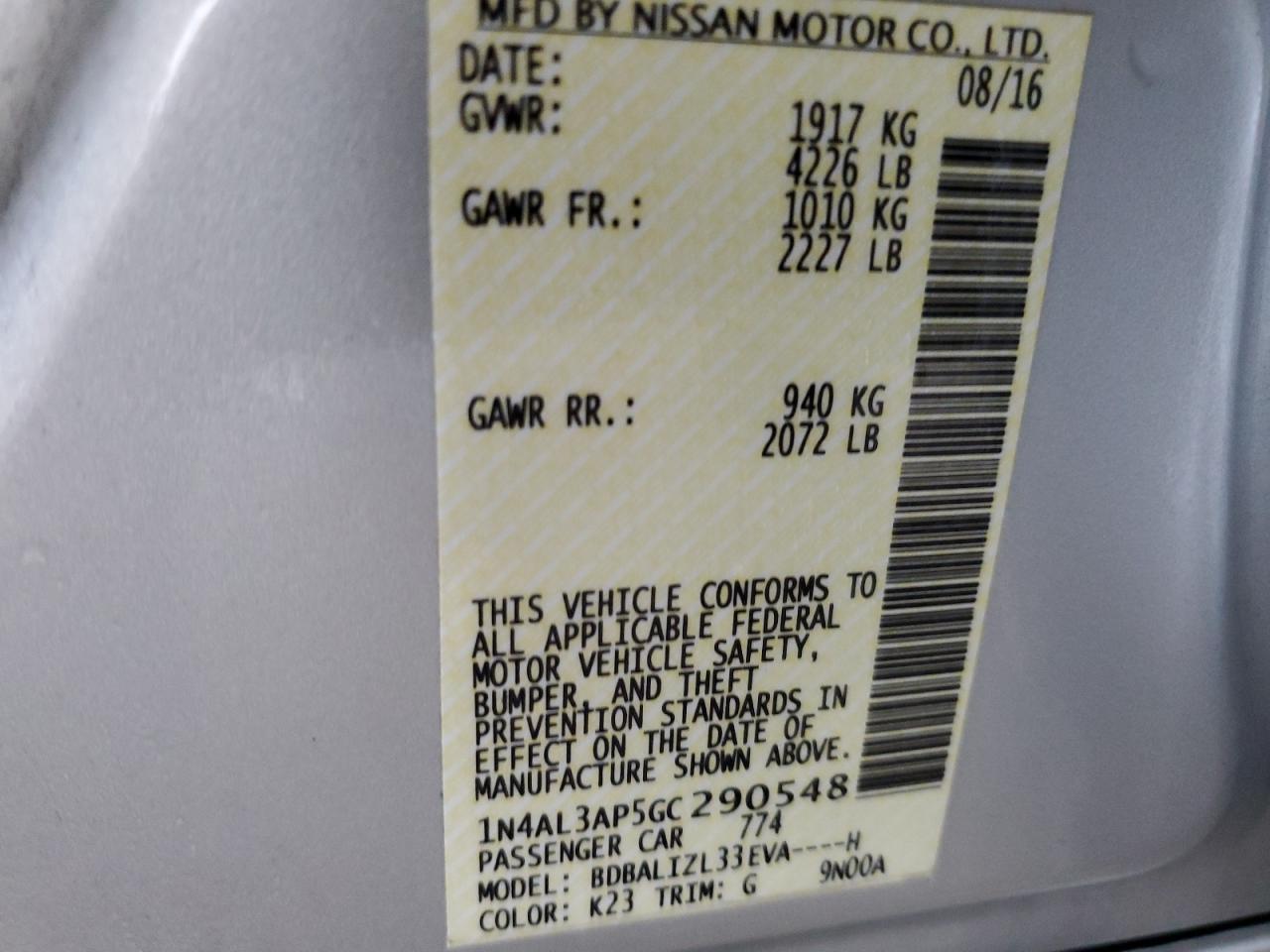 2016 Nissan Altima VIN 1N4AL3AP5GC290548 Copart auction photo, front end / side damage thumbnail 13
