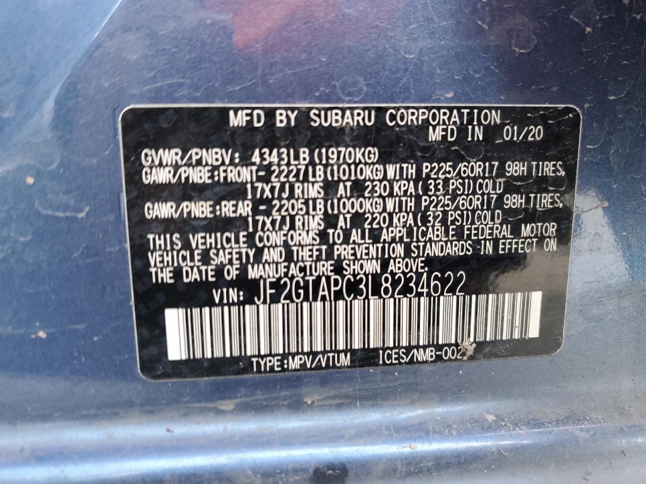 2020 Subaru XV VIN JF2GTAPC3L8234622 Copart auction photo, side damage thumbnail 15