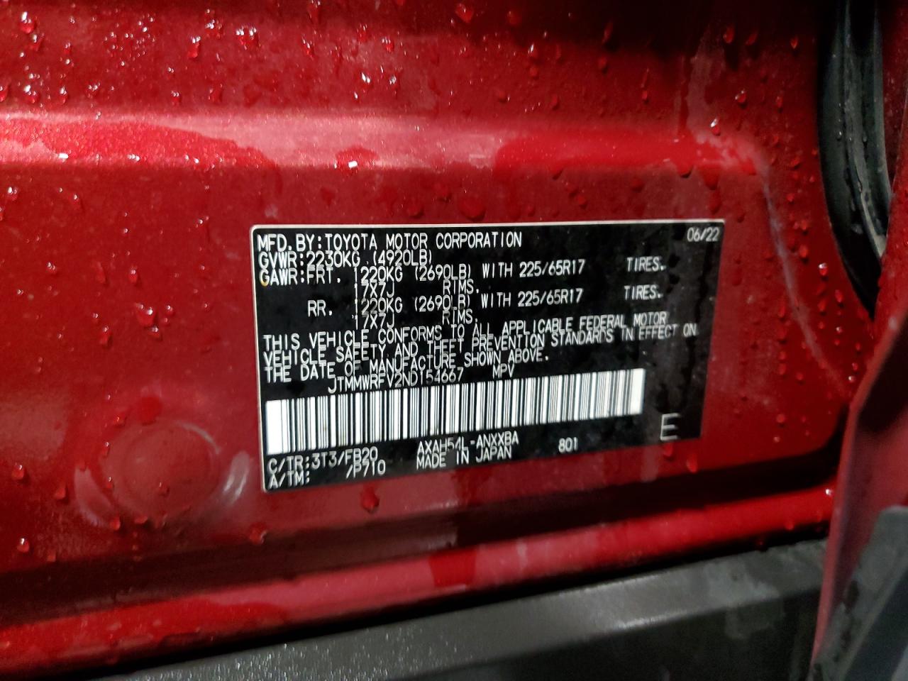 2022 Toyota RAV 4 VIN JTMMWRFV2ND154667 Copart auction photo, front end damage thumbnail 14