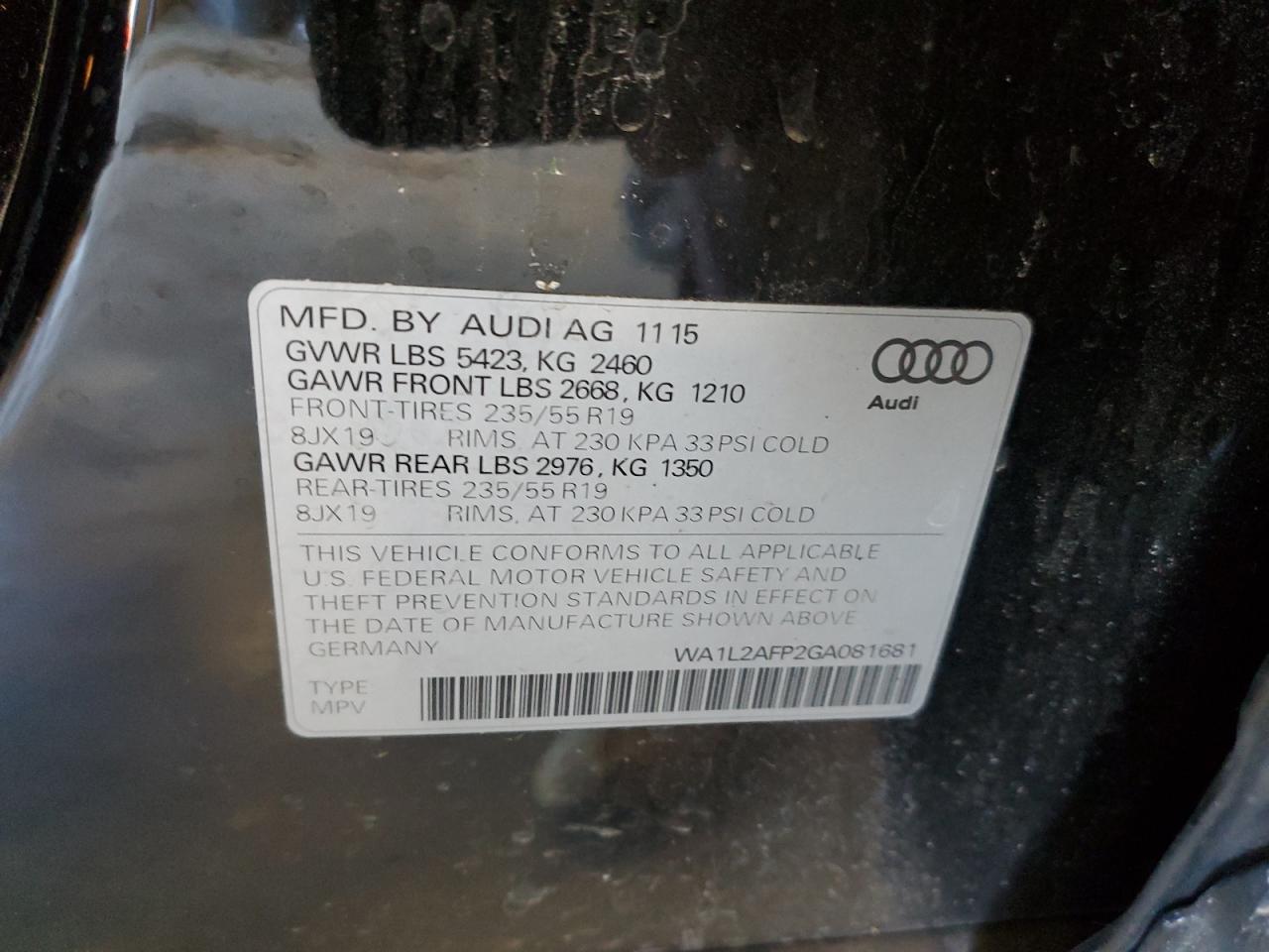 2016 Audi Q5 VIN WA1L2AFP2GA081681 Copart auction photo, front end damage thumbnail 12