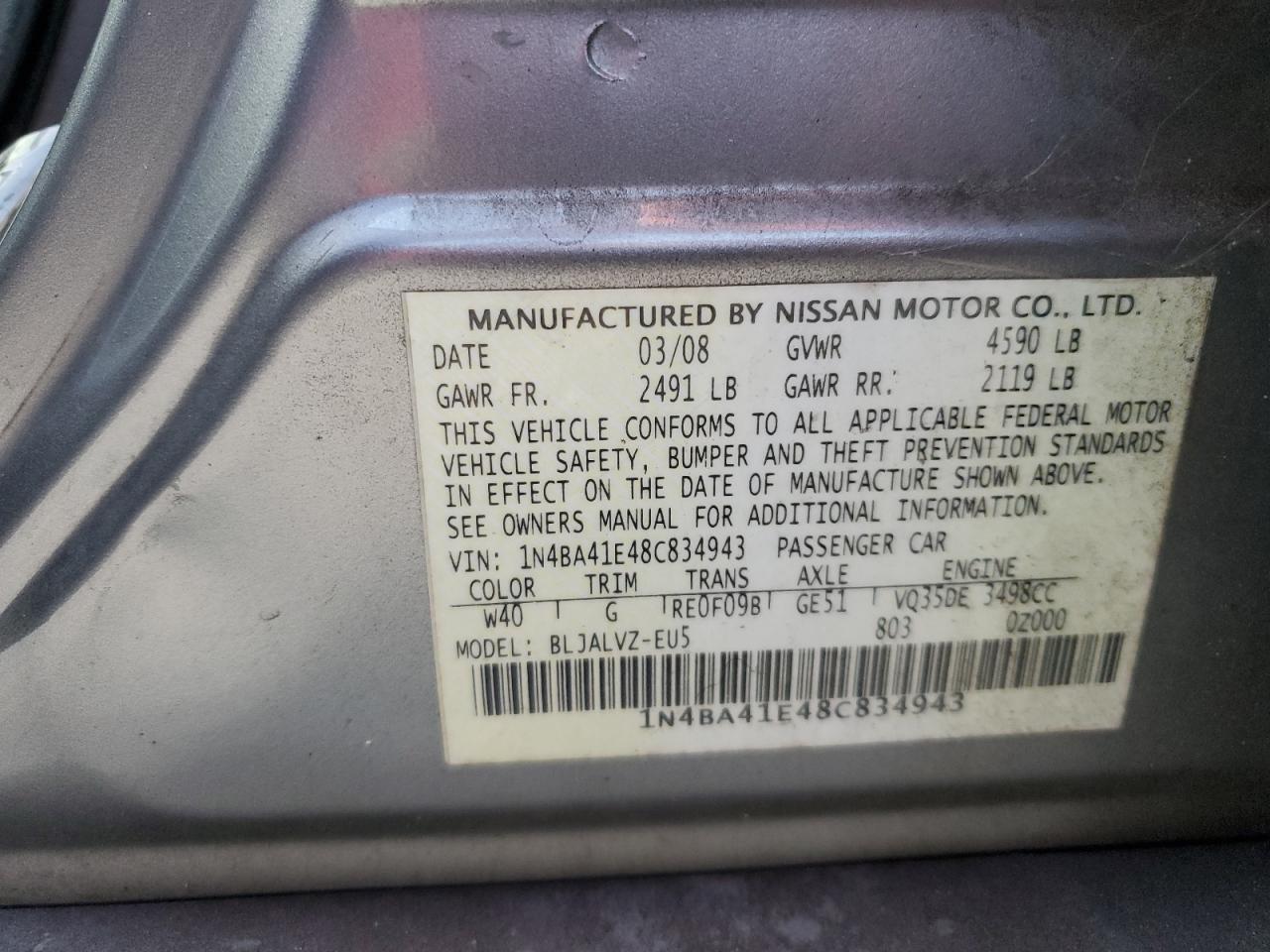2008 Nissan Maxima VIN 1N4BA41E48C834943 Copart auction photo, water/flood damage thumbnail 13