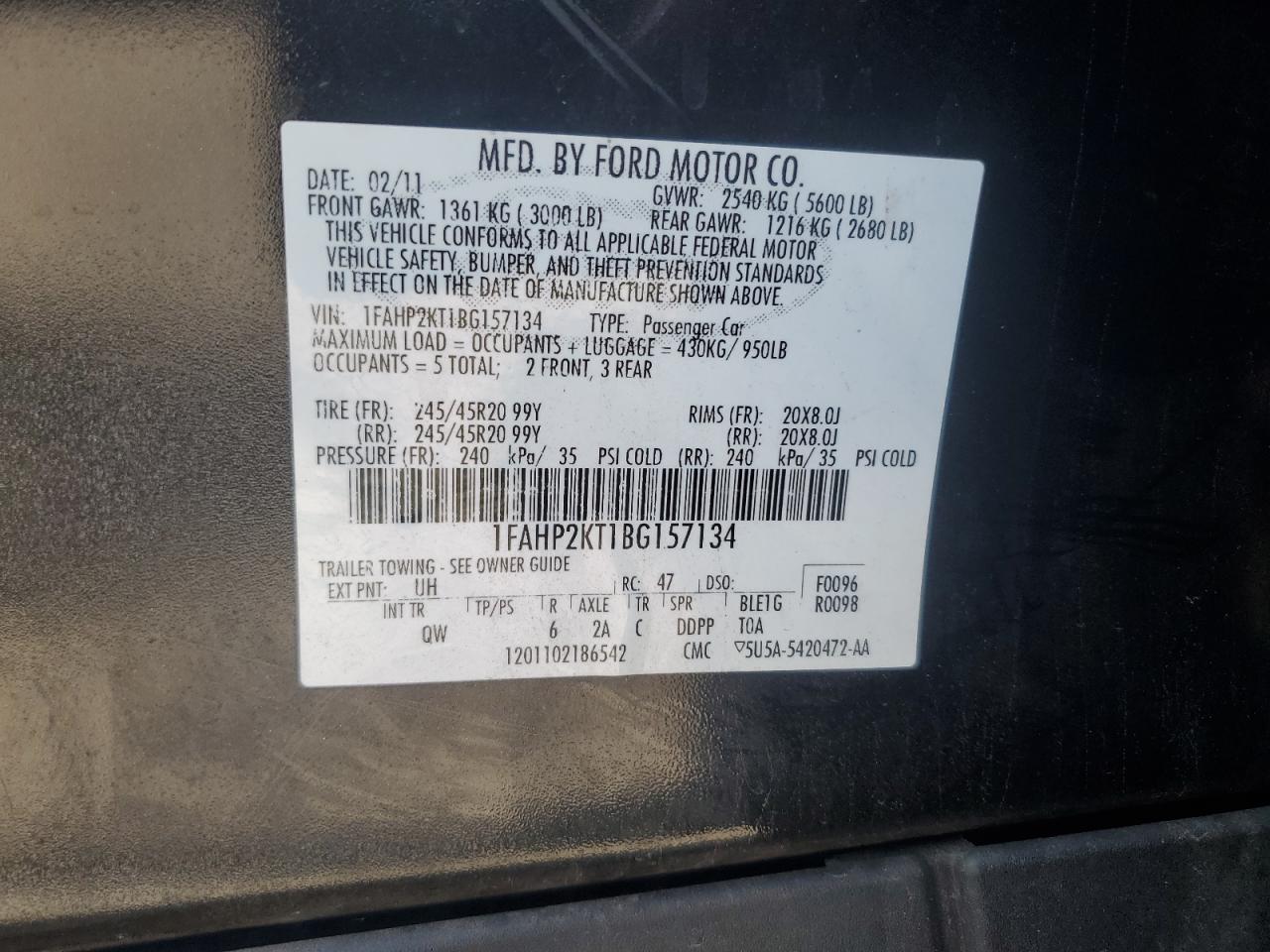 2011 Ford Taurus VIN 1FAHP2KT1BG157134 Copart auction photo, front end damage thumbnail 12