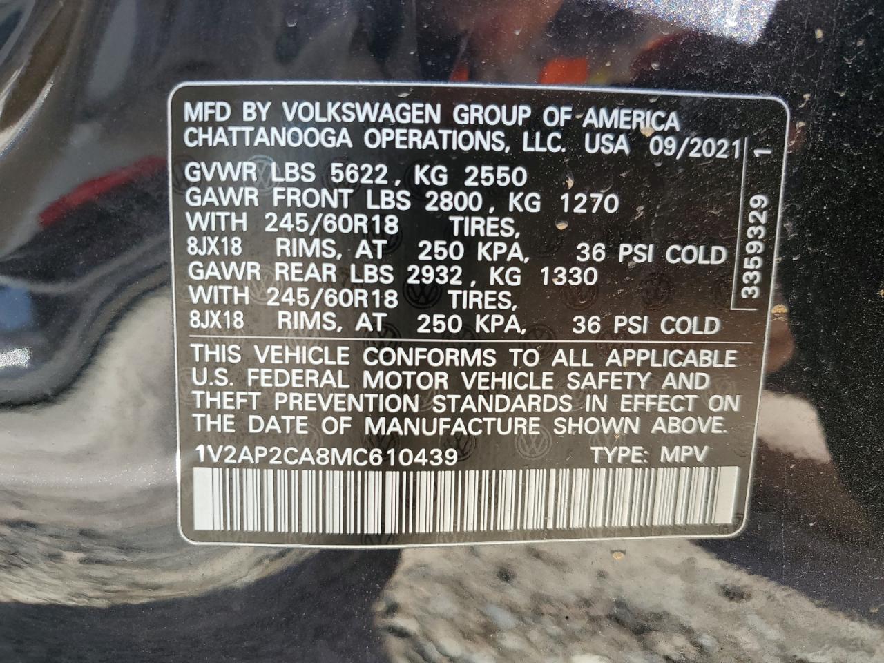 2021 Volkswagen Atlas VIN 1V2AP2CA8MC610439 Copart auction photo, side / rear end damage thumbnail 13