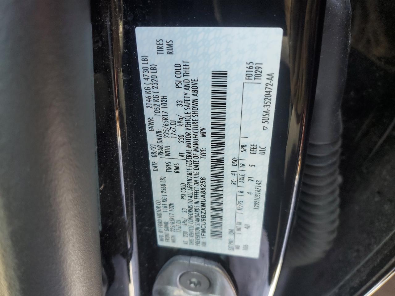 2021 Ford Escape VIN 1FMCU9BZXMUA88258 Copart auction photo, front end damage thumbnail 12