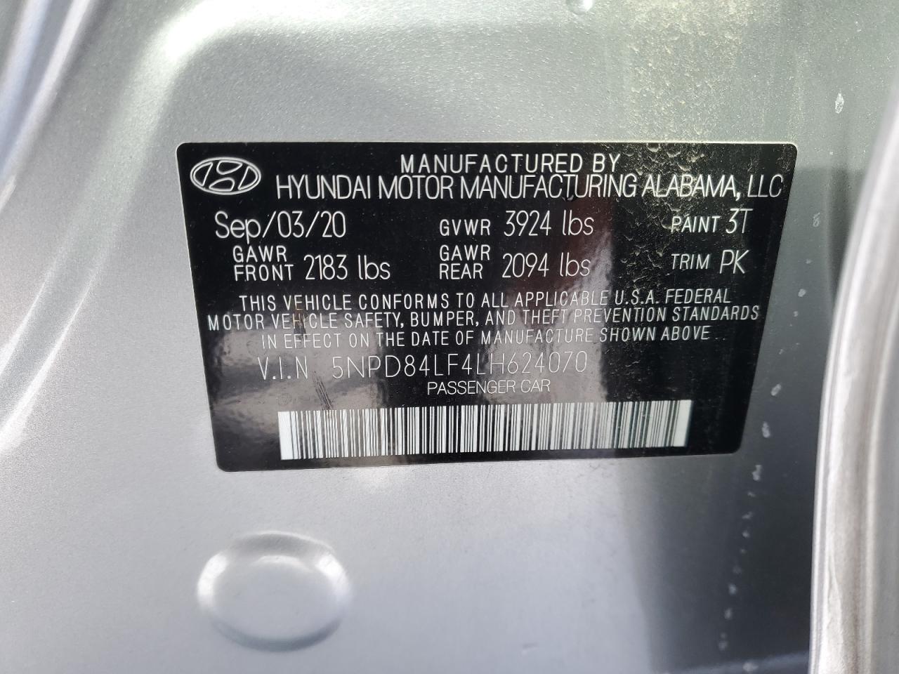 2020 Hyundai Elantra VIN 5NPD84LF4LH624070 Copart auction photo, front end damage thumbnail 12