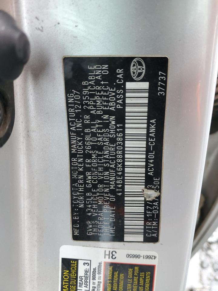 2008 Toyota Camry VIN 4T4BE46K88R038611 Copart auction photo, front end / all over damage thumbnail 12