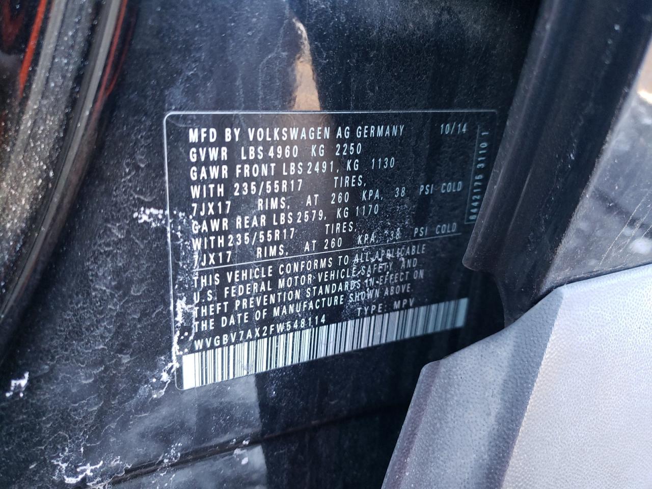 2015 Volkswagen Tiguan VIN WVGBV7AX2FW548114 Copart auction photo, front end damage thumbnail 15
