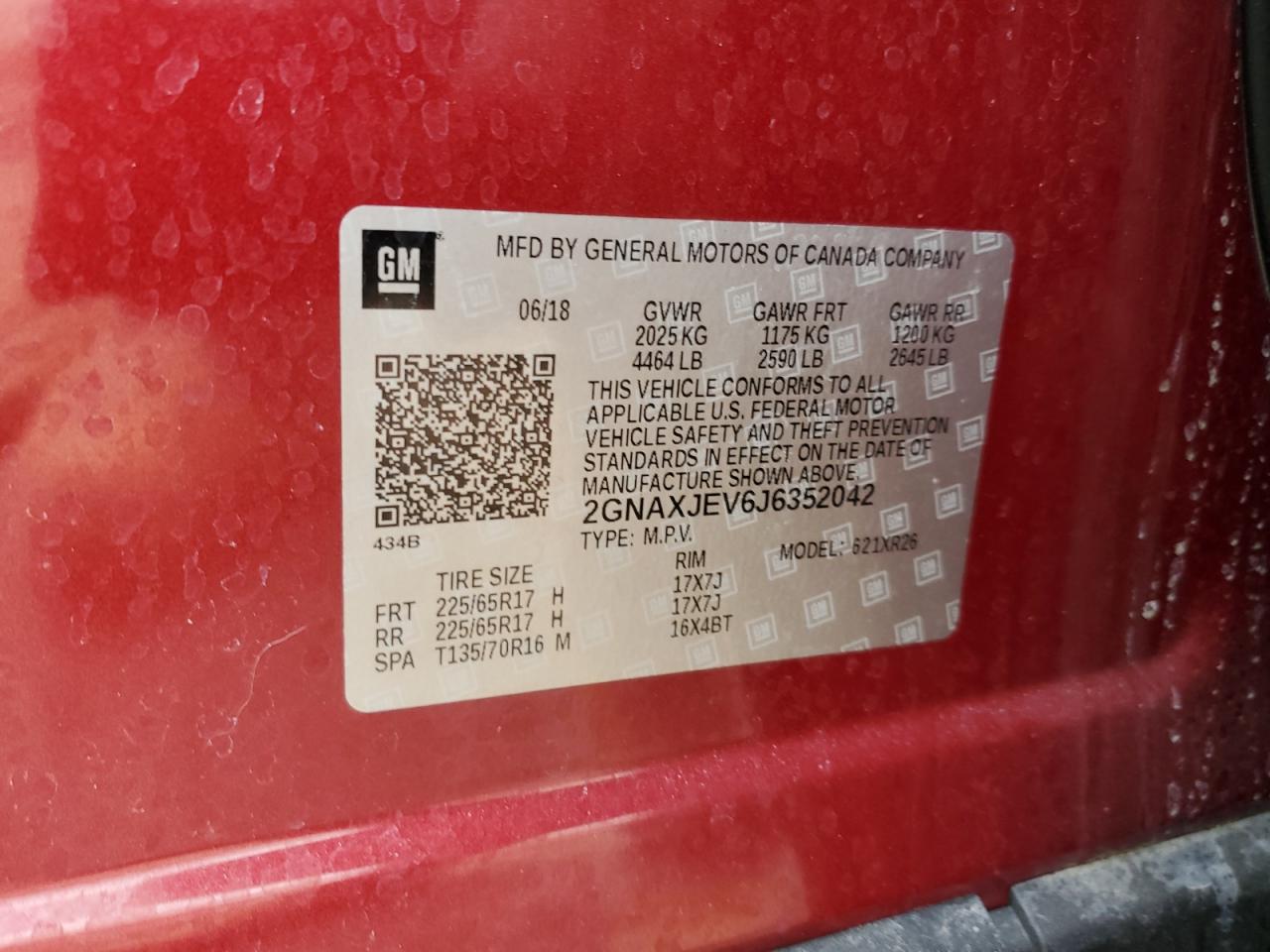 2018 Chevrolet Equinox VIN 2GNAXJEV6J6352042 Copart auction photo, front end damage thumbnail 14