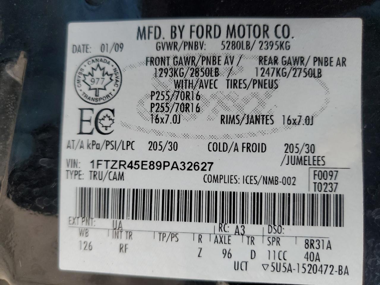 2009 Ford Ranger VIN 1FTZR45E89PA32627 Copart auction photo, frame damage damage thumbnail 12