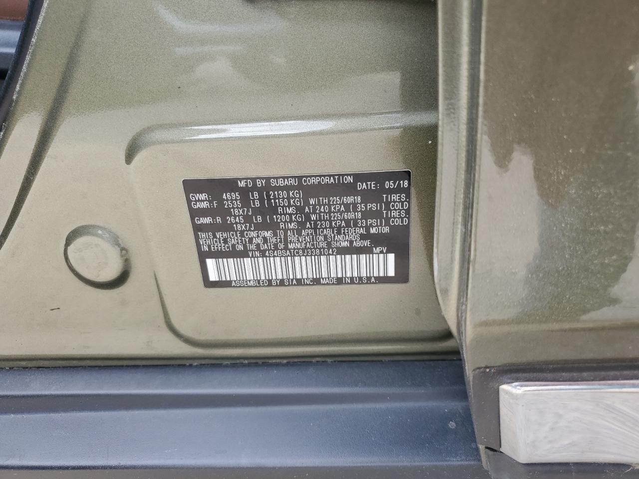 2018 Subaru Outback VIN 4S4BSATC8J3381042 Copart auction photo, front end / side damage thumbnail 13