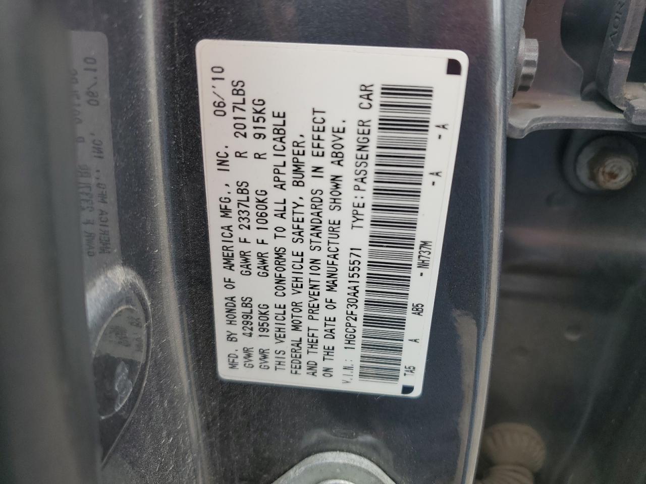 2010 Honda Accord VIN 1HGCP2F30AA155571 Copart auction photo, front end damage thumbnail 15
