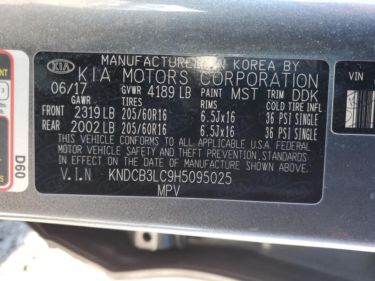 2017 KIA Niro VIN KNDCB3LC9H5095025 Copart auction photo, rear end / side damage thumbnail 14