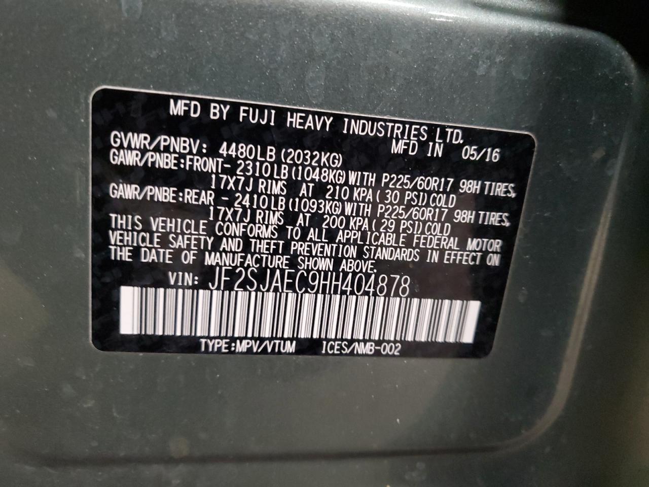 2017 Subaru Forester VIN JF2SJAEC9HH404878 Copart auction photo, side / rear end damage thumbnail 13