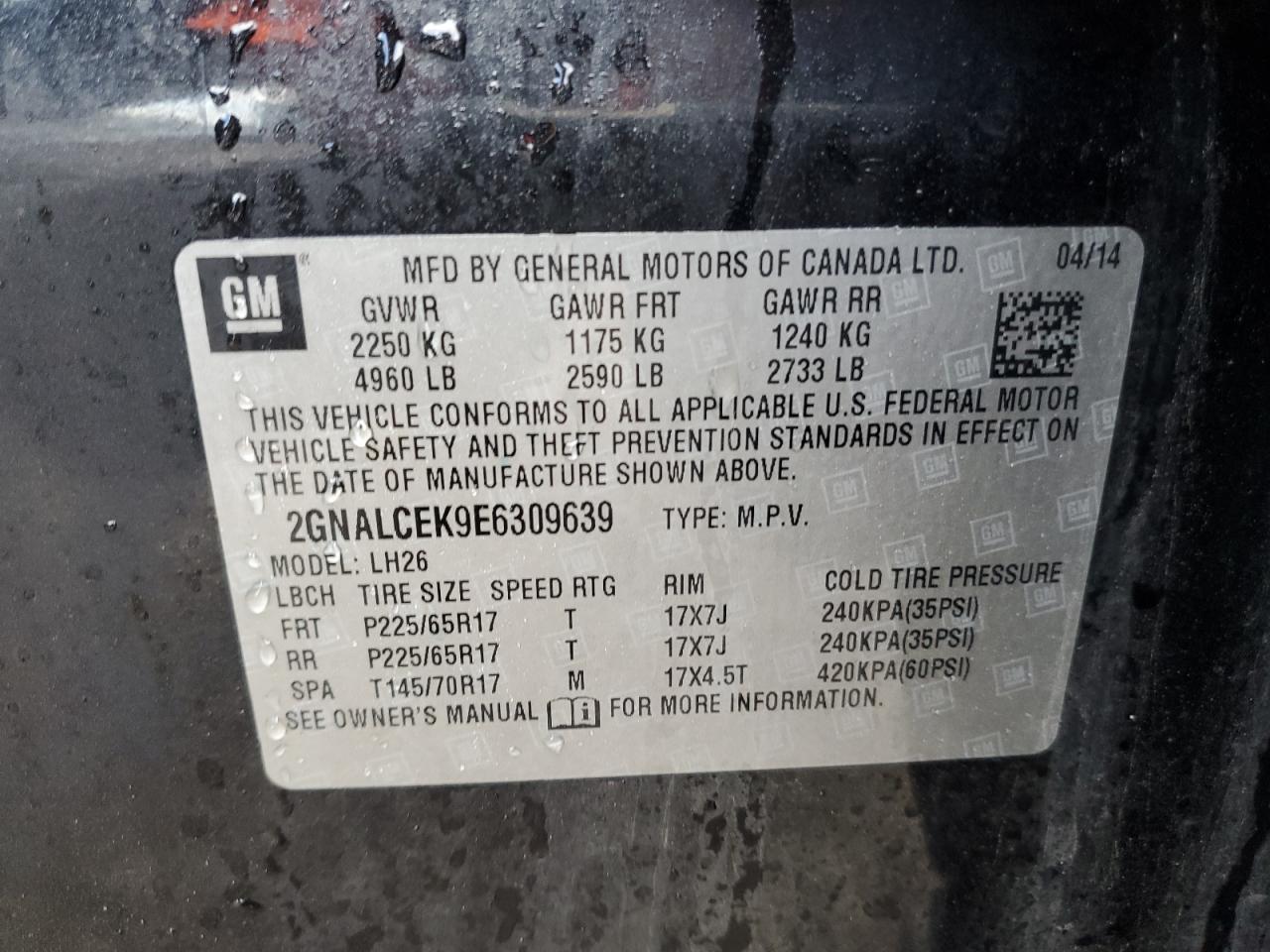 2014 Chevrolet Equinox VIN 2GNALCEK9E6309639 Copart auction photo, frame damage / front end damage thumbnail 13
