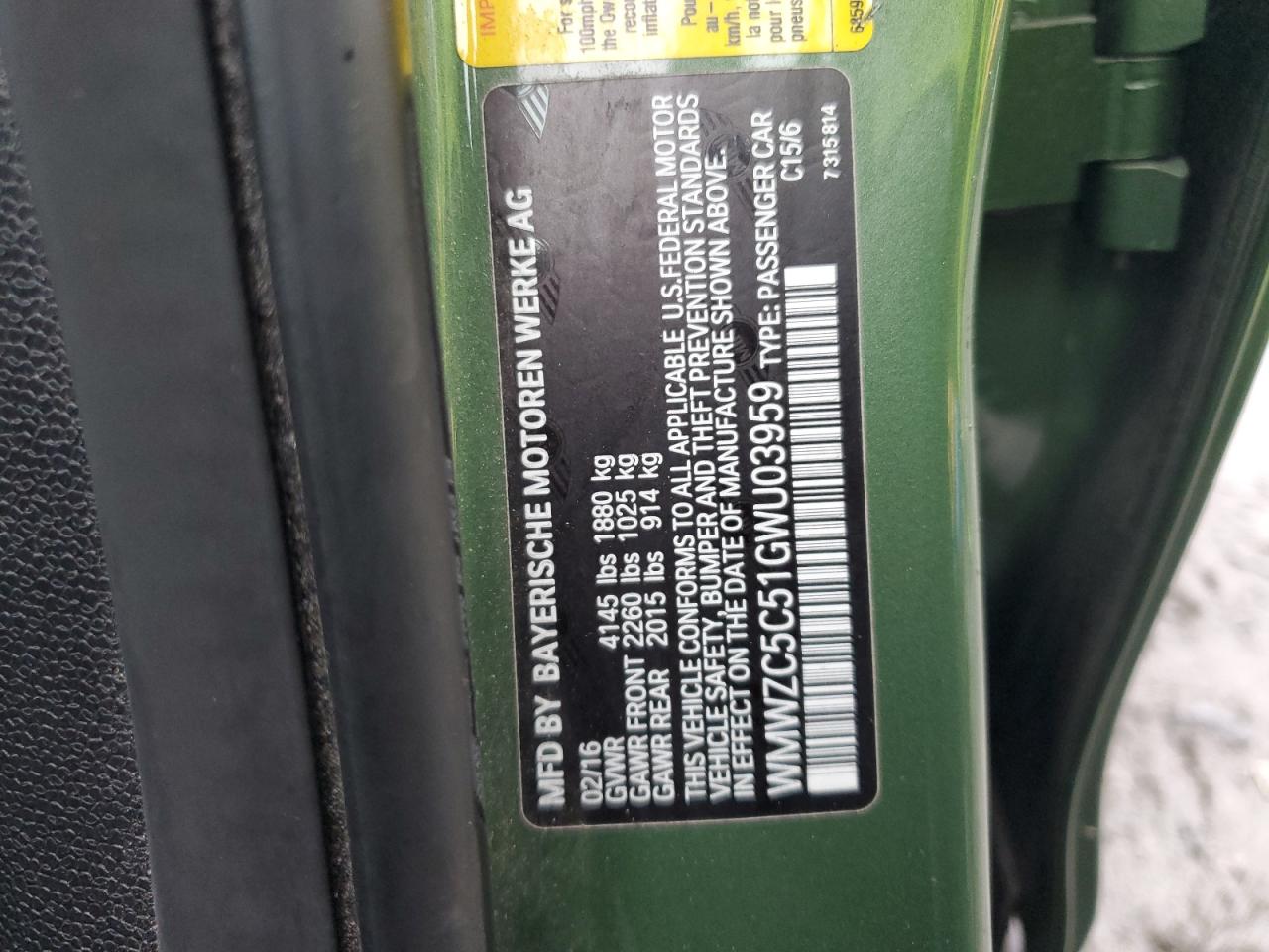 2016 MINI Cooper VIN WMWZC5C51GWU03959 Copart auction photo, rear end damage thumbnail 12
