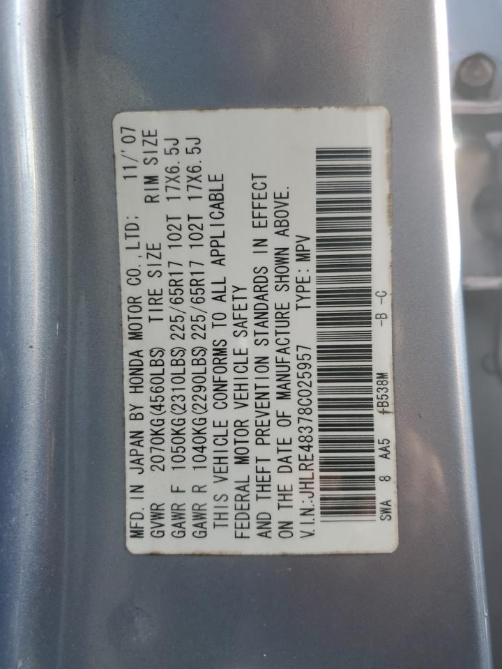 2008 Honda CR-V VIN JHLRE48378C025957 Copart auction photo, side / front end damage thumbnail 13