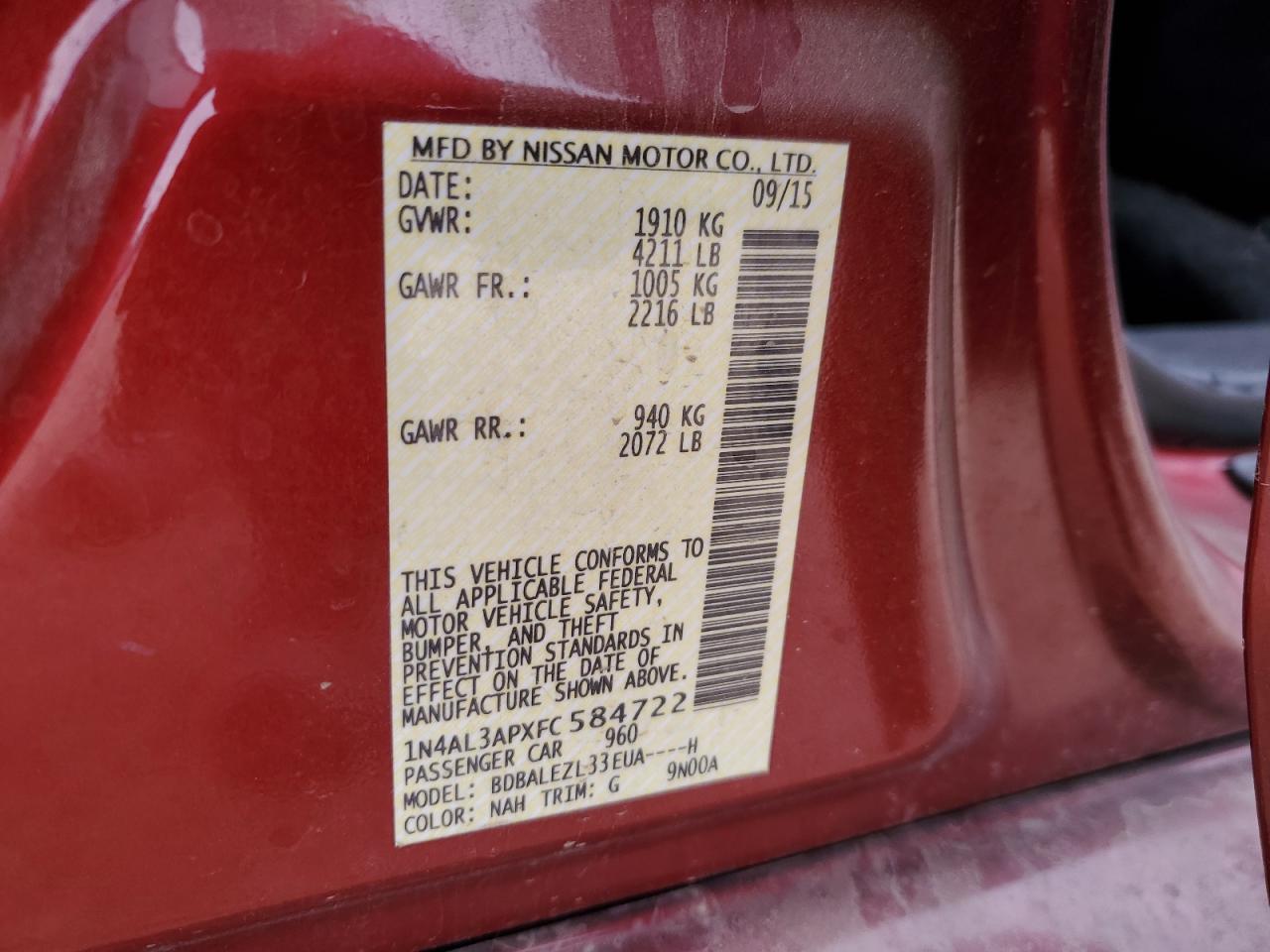 2015 Nissan Altima VIN 1N4AL3APXFC584722 Copart auction photo, front end / minor dent/scratches damage thumbnail 12