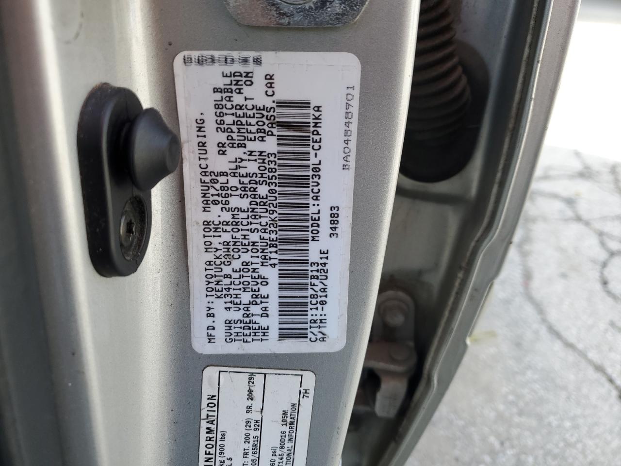 2002 Toyota Camry VIN 4T1BE32K92U035833 Copart auction photo, side / rear end damage thumbnail 13