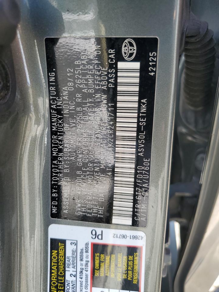 2012 Toyota Camry VIN 4T4BF1FK2CR241711 Copart auction photo, hail damage thumbnail 12