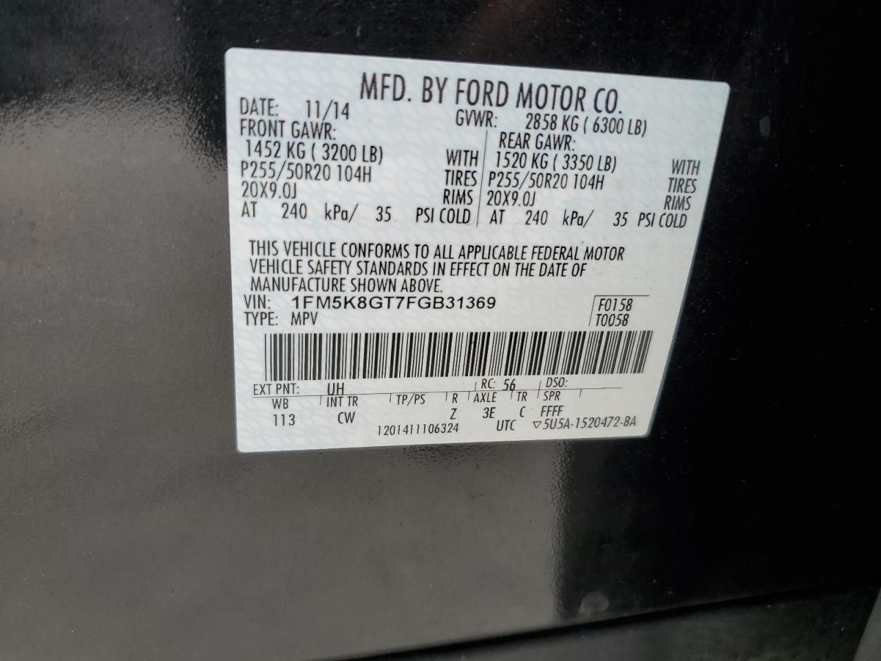 2015 Ford Explorer VIN 1FM5K8GT7FGB31369 Copart auction photo, water/flood damage thumbnail 12