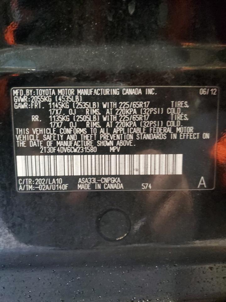 2012 Toyota RAV 4 VIN 2T3DF4DV6CW231580 Copart auction photo, rear end damage thumbnail 14
